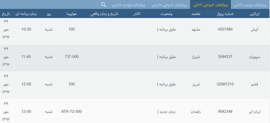 پرواز&zwnj;های فرودگاه&zwnj; بندرعباس 29 مهر 96