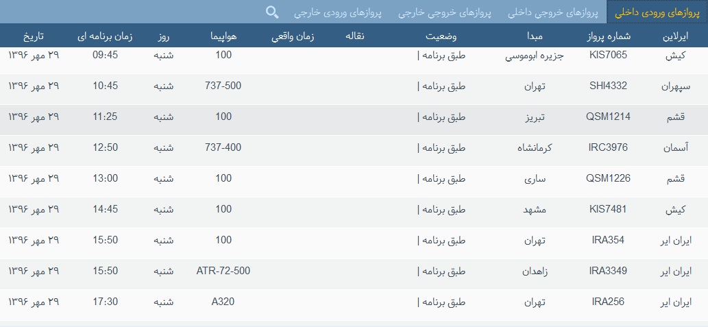 پرواز&zwnj;های فرودگاه&zwnj; بندرعباس 29 مهر 96