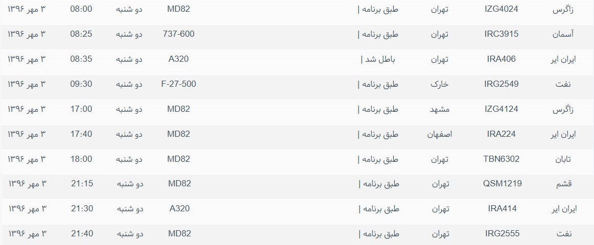 پرواز&zwnj;های ورودی و خروجی از فرودگاه بین المللی بوشهر