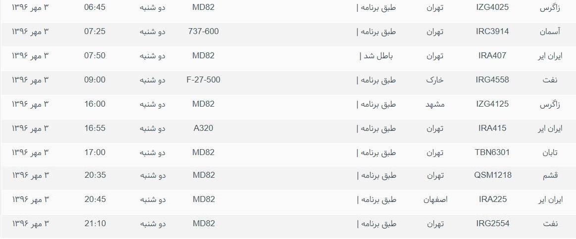پرواز&zwnj;های ورودی و خروجی از فرودگاه بین المللی بوشهر