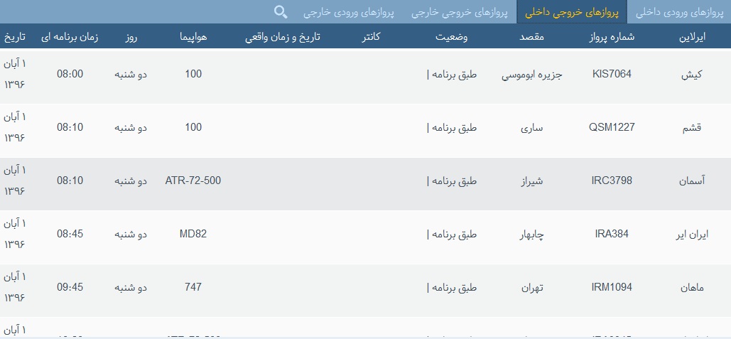 پرواز&zwnj;های فرودگاه&zwnj; بندرعباس 1 آبان 96