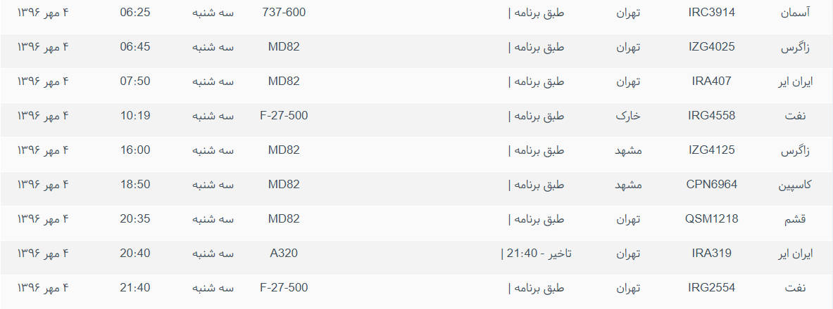پرواز&zwnj;های ورودی و خروجی از فرودگاه بین المللی بوشهر