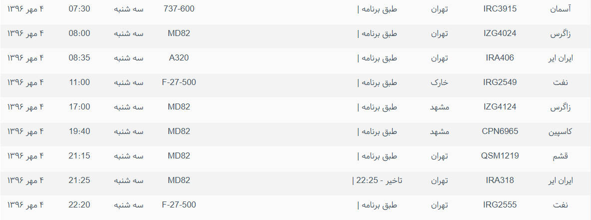 پرواز&zwnj;های ورودی و خروجی از فرودگاه بین المللی بوشهر