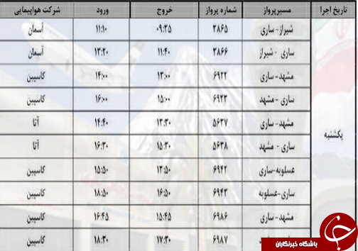 پرواز&zwnj;های یکشنبه ۹ مهر از فرودگاه&zwnj;های مازندران