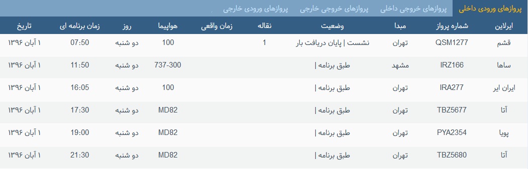پرواز&zwnj;های دوشنبه ۱ آبان از فرودگاه بین المللی ارومیه