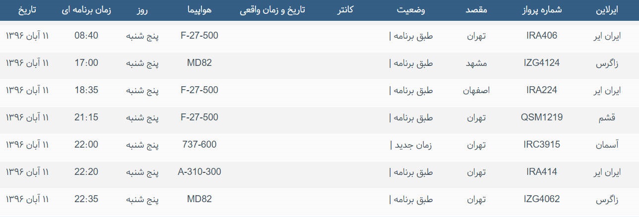 پرواز&zwnj;های ورودی و خروجی از فرودگاه بین المللی بوشهر
