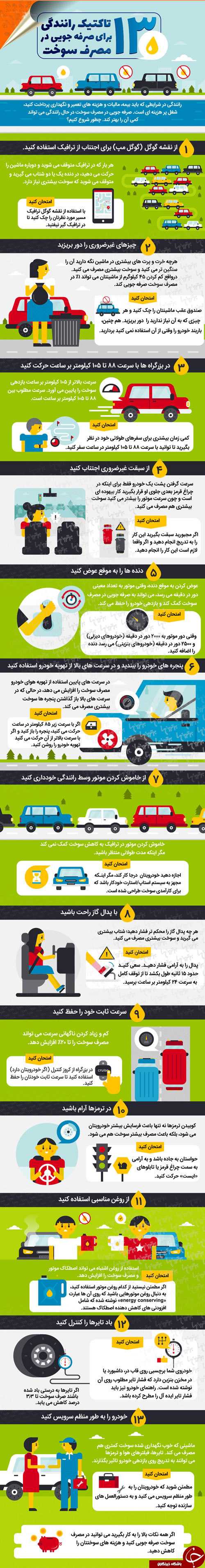 ۱۳ تاکتیک رانندگی برای صرفه جویی در مصرف سوخت +اینفوگرافی
