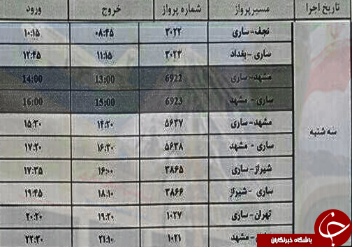 پرواز&zwnj;های سه شنبه ۱۶ آبان از فرودگاه&zwnj;های مازندران