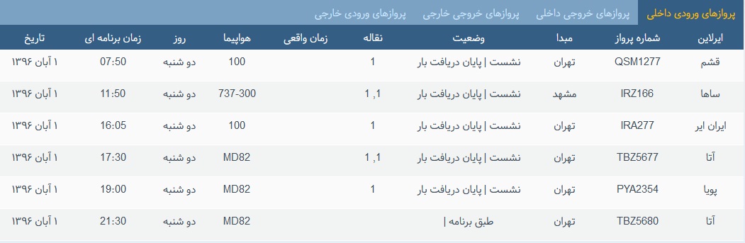 پرواز&zwnj;های سه شنبه ۲ آبان از فرودگاه بین المللی ارومیه