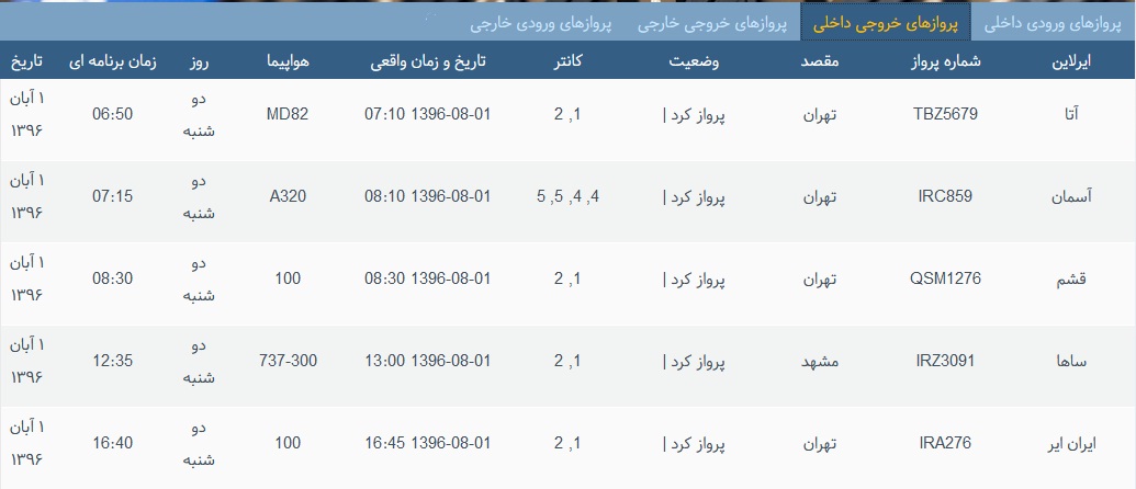 پرواز&zwnj;های سه شنبه ۲ آبان از فرودگاه بین المللی ارومیه