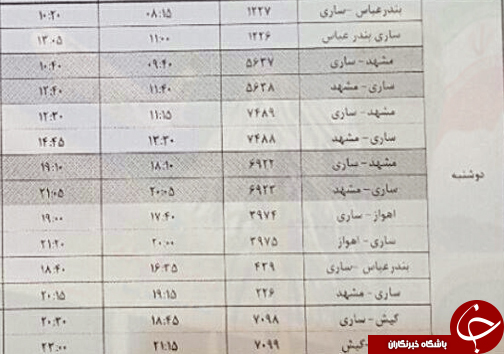 پرواز&zwnj;های دوشنبه ۲۲ آبان از فرودگاه&zwnj;های مازندران