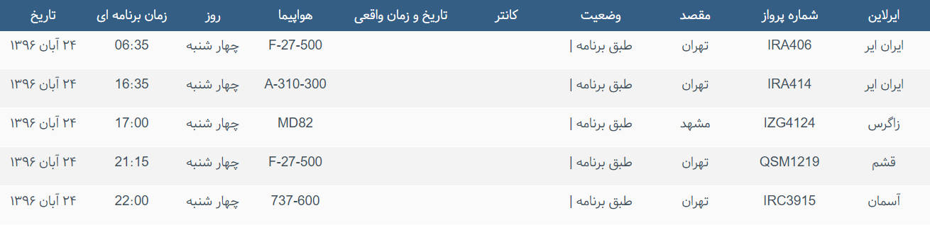 پرواز&zwnj;های ورودی و خروجی از فرودگاه بین المللی بوشهر