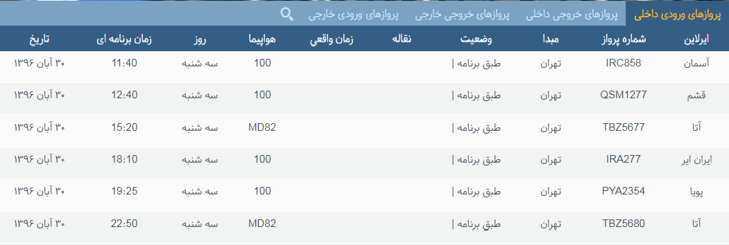 پرواز&zwnj;های سه شنبه ۳۰ آبان ماه از فرودگاه بین المللی ارومیه