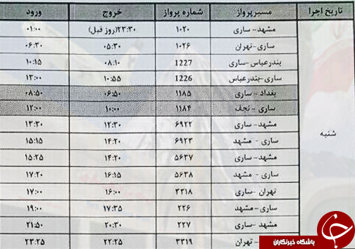 پرواز&zwnj;های شنبه ۶ آبان از فرودگاه&zwnj;های مازندران