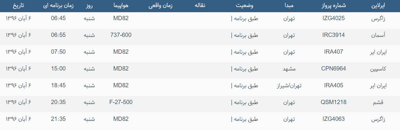 پرواز&zwnj;های ورودی و خروجی از فرودگاه بین المللی بوشهر