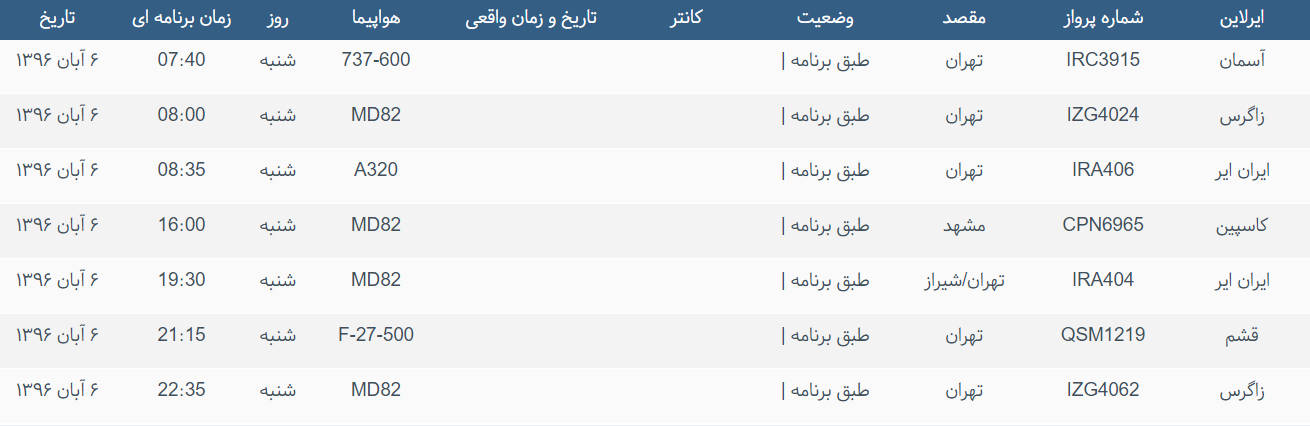 پرواز&zwnj;های ورودی و خروجی از فرودگاه بین المللی بوشهر