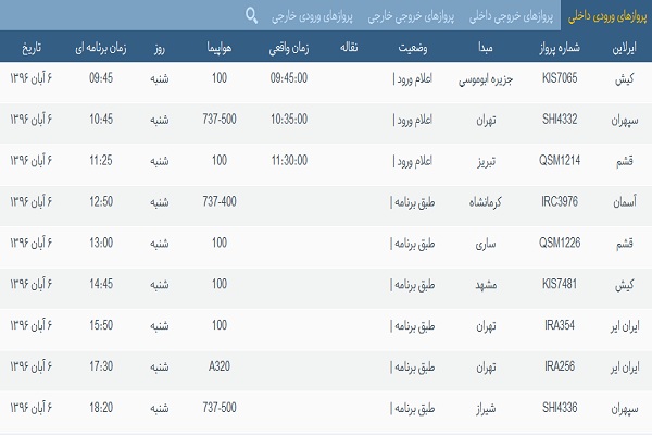 پرواز&zwnj;های فرودگاه&zwnj; بندرعباس 6 آبان 96