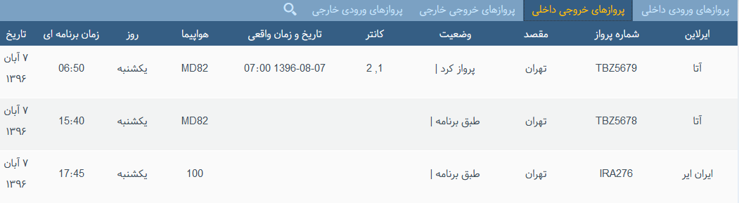 پرواز&zwnj;های یکشنبه ۷ آبان  از فرودگاه بین المللی ارومیه