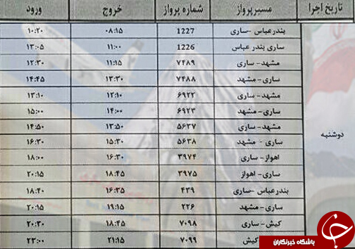 پرواز&zwnj;های دوشنبه ۸ آبان از فرودگاه&zwnj;های مازندران