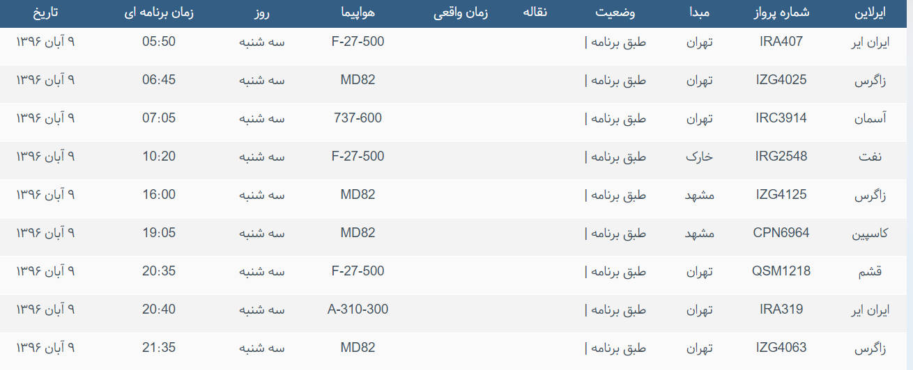 پرواز&zwnj;های ورودی و خروجی از فرودگاه بین المللی بوشهر