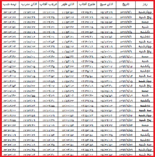 اوقات شرعی آذر ماه ۹۶ به افق بوشهر