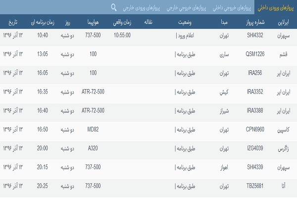 پرواز&zwnj;های فرودگاه&zwnj; بندرعباس 13 آذر 96