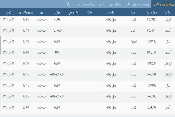 پرواز&zwnj;های فرودگاه&zwnj; بندرعباس 14 آذر 96