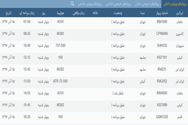 پرواز&zwnj;های فرودگاه&zwnj; بندرعباس 15 آذر 96