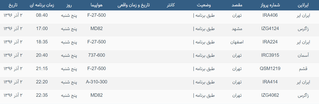 پرواز&zwnj;های ورودی و خروجی از فرودگاه بین المللی بوشهر