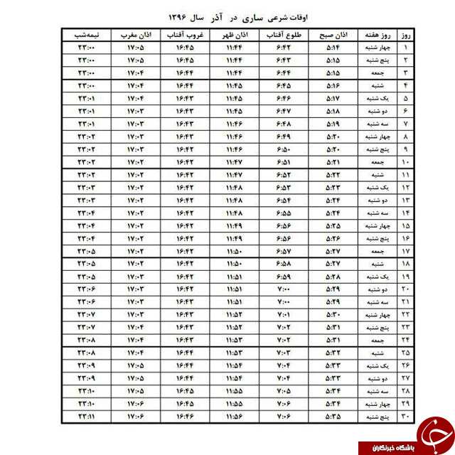 اوقات شرعی آذرماه به افق ساری