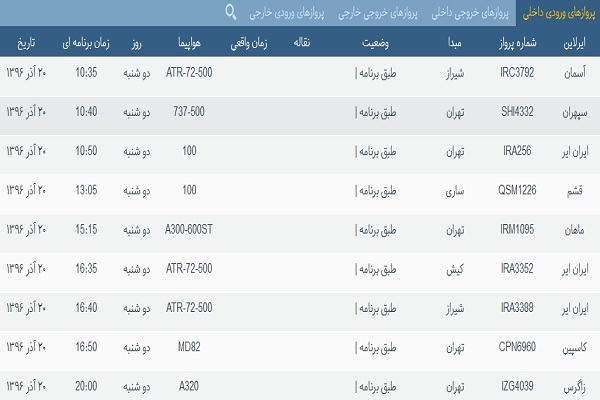 پرواز&zwnj;های فرودگاه&zwnj; بندرعباس 20 آذر 96