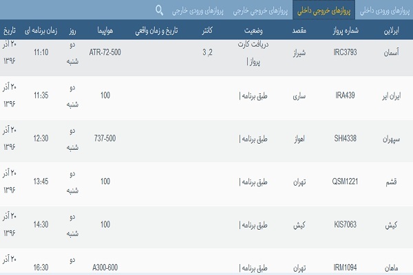 پرواز&zwnj;های فرودگاه&zwnj; بندرعباس 20 آذر 96