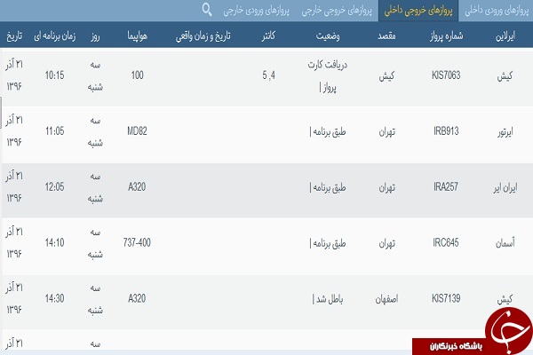 پرواز&zwnj;های فرودگاه&zwnj; بندرعباس 21 آذر 96