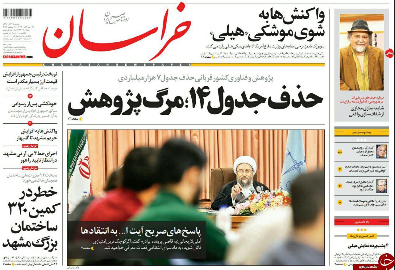 صفحه نخست روزنامه&zwnj;های خراسان رضوی شنبه ۲۵ آذر
