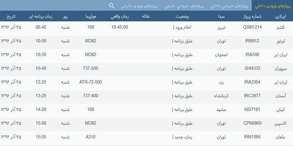پرواز&zwnj;های فرودگاه&zwnj; بندرعباس 25 آذر 96