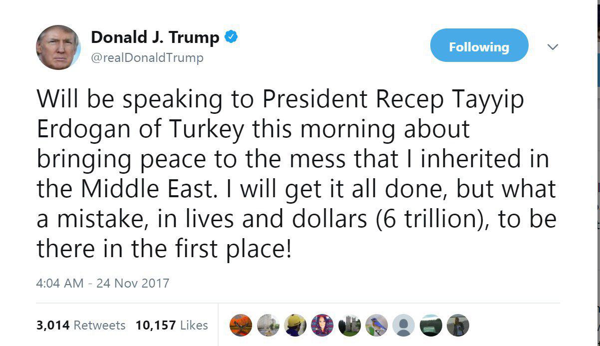 ترامپ: با اردوغان درباره بازگشت آرامش به خاورمیانه گفتگو خواهم کرد+توییت