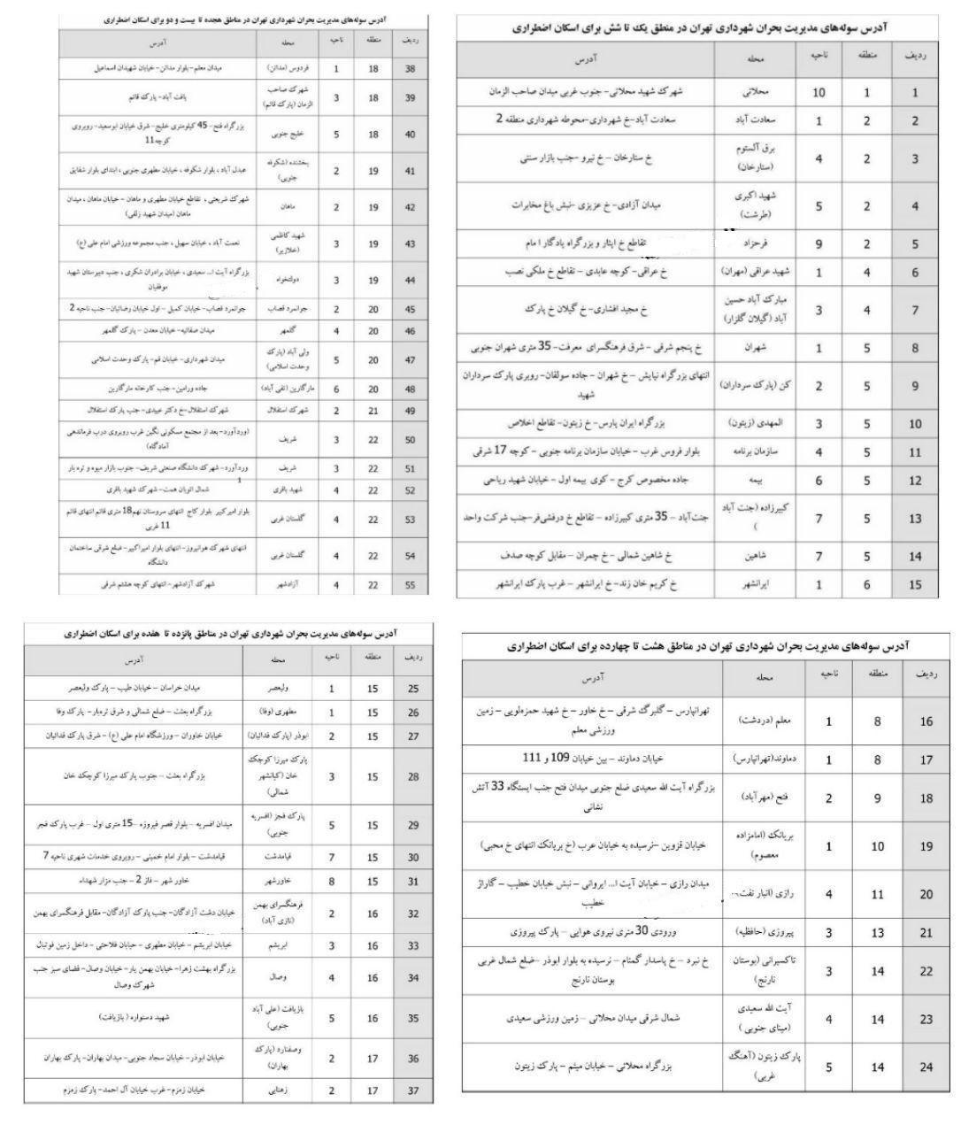 آدرس همه سوله&zwnj;های مدیریت بحران شهرداری تهران برای اسکان اضطراری