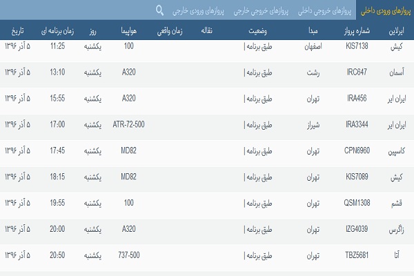 پرواز&zwnj;های فرودگاه&zwnj; بندرعباس 5 آذر 96