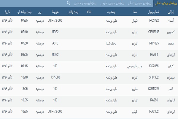 پرواز&zwnj;های فرودگاه&zwnj; بندرعباس 6 آذر 96