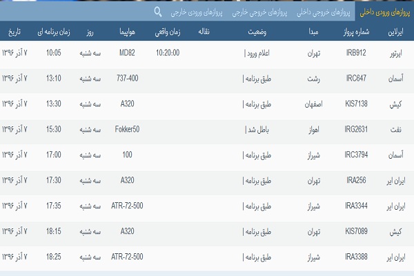 پرواز&zwnj;های فرودگاه&zwnj; بندرعباس 7 آذر 96