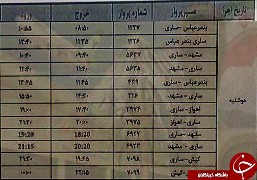 پرواز&zwnj;های دوشنبه ۱۳ فروردین از فرودگاه&zwnj;های مازندران