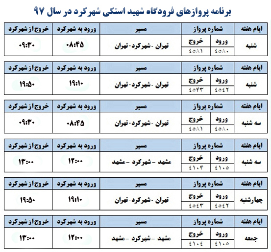 برنامه پرواز&zwnj;های فرودگاه شهرکرد در سال ۹۷