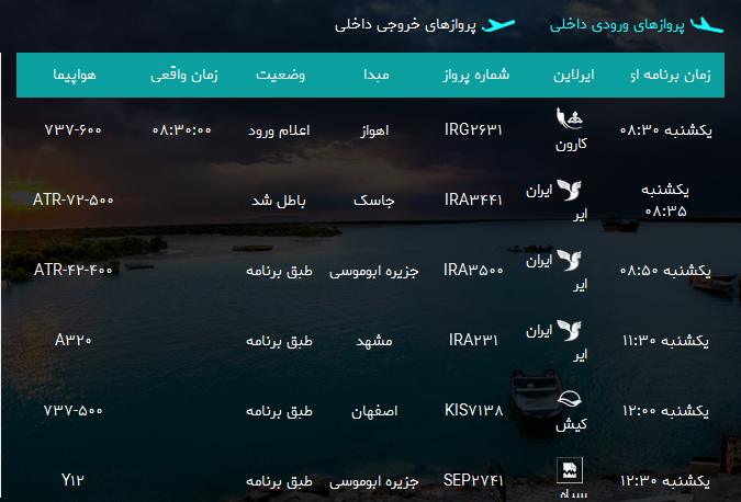 پرواز&zwnj;های فرودگاه بندرعباس یکشنبه ۱۹فروردین سال ۹۷