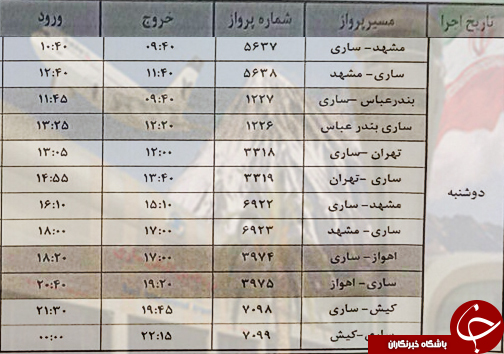 پرواز&zwnj;های دوشنبه ۲۰ فروردین از فرودگاه&zwnj;های مازندران