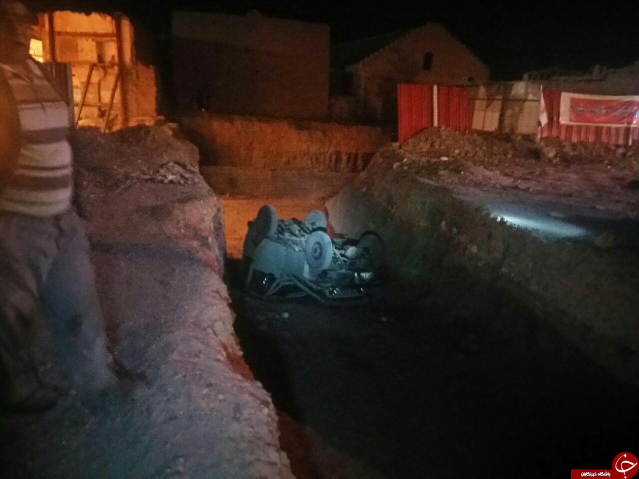 سقوط تلخ خودرو به داخل گودال + تصاویر