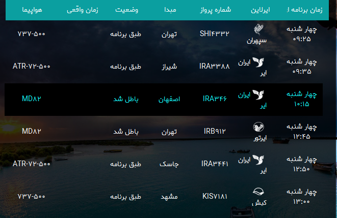 پرواز&zwnj;های فرودگاه بندرعباس چهارشنبه ۲۲ فروردین سال ۹۷