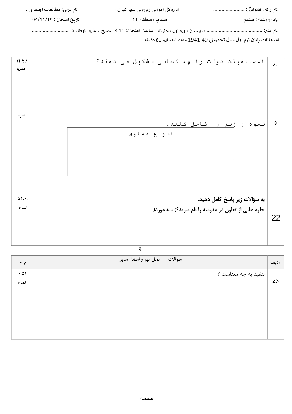 نمونه سوالات اجتماعی هشتم