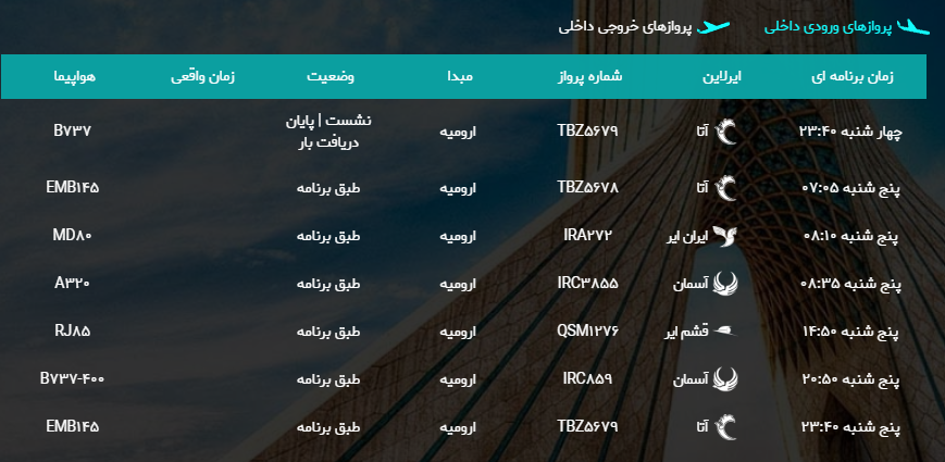 پرواز&zwnj;های پنج شنبه ۲۳ فروردین ماه از فرودگاه بین المللی ارومیه