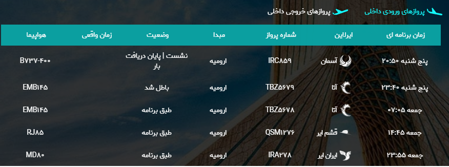 پرواز&zwnj;های جمعه ۲۴ فروردین ماه از فرودگاه بین المللی ارومیه
