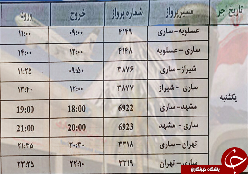 پرواز&zwnj;های یکشنبه ۲۶ فروردین از فرودگاه&zwnj;های مازندران